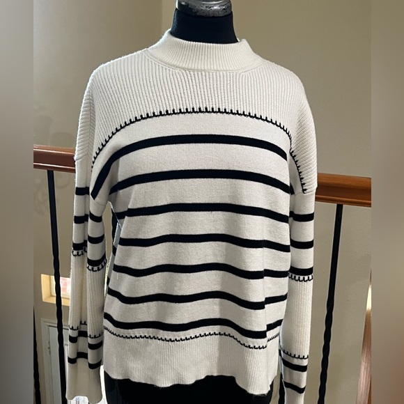 Greige Sweaters - Greige Ribbed Knit Sweater Black - White Stripe, Coastal, WOMEN SIZE L